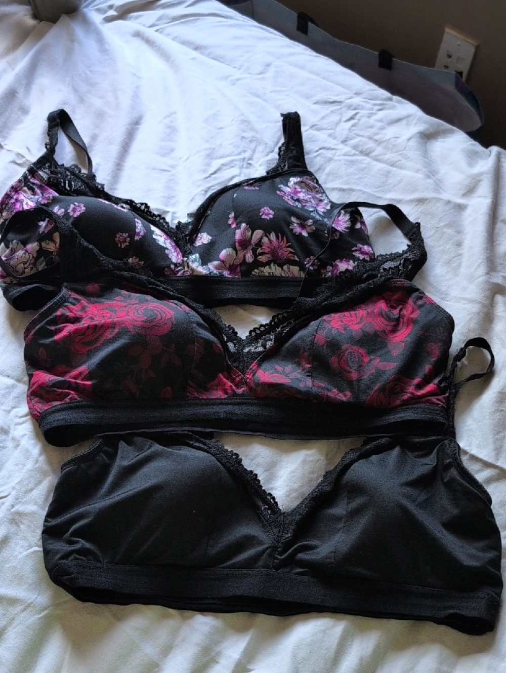 Women's Floral & Solid Lace Bralette Pack - Black with Pink Floral Accents